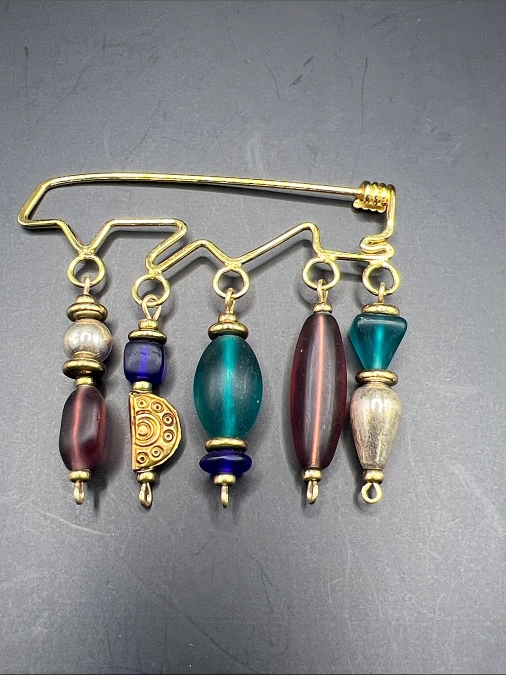 Gold-Tone Beaded Dangle Brooch - Teal & Burgundy